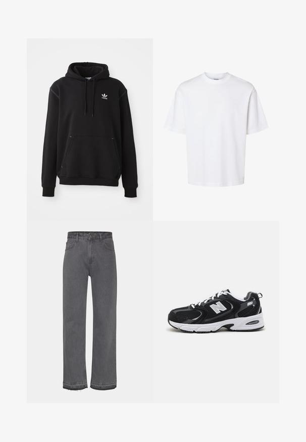 Sort bomuldshoodie med kängurulomme, hvid Adidas-logo, ribbede ærmer og kant, med snøre i hætten og syede detaljer.; Enkelt hvid t-shirt med korte ærmer og rund hals med afslappet pasform, vist på en ensfarvet baggrund.; Grå bred ben jeans lavet af denim, med en falmet vask, en knaplukning og frynsede kanter. To sidelommer er synlige.; Sorte og grå sportssko med mesh og ruskind på overdelen, der har en hvid mellemsål, snørebånd og et iøjnefaldende "N" logo på siden.