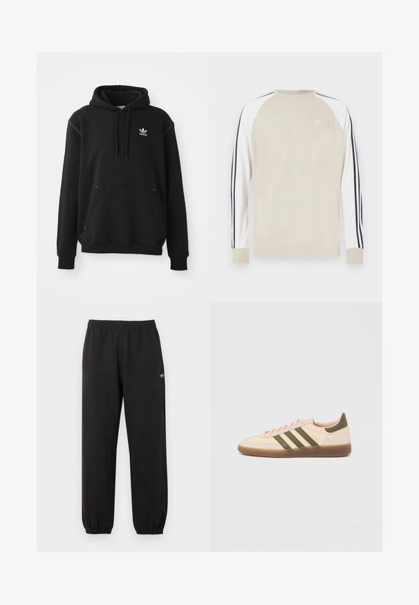 Čierna bavlnená mikina s kengurou vreckom, bielym logom Adidas, ribovanými manžetami a lemom, s kapucňou na šnúrku a prešívanými detailmi.; Béžová košeľa s dlhým rukávom s bielymi raglánovými rukávmi a námorníckymi pásikmi po stranách. Na hrudi je malá biela logo.; Čierne tepláky Adidas s elastickým pásom a manžetami, na ľavej hornej časti nohy s malým bielym logom Adidas trefoil.; Nízky béžový tenisky Adidas Spezial so zelenými pruhmi, gumovou podrážkou a nápisom „SPEZIAL“ na boku, zobrazené z vonkajšej strany.