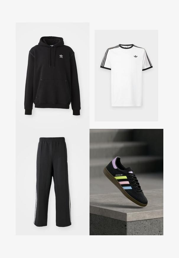 Must musta kapuutsiga, millel on känguru tasku, valge Adidas'i logo, soonilised mansetid ja alläär, ning nööridega kapuuts ja õmblustega detailid.; Valge puuvillane T-särk mustade ribadega kaelas ja varrukates, millel on iga õla peal kolm musta triipu ning rindkeres väike logo.; Mustad mustad püksid elastse vöökoha ning valgete küljeribadega, lõdva istuvusega. Valmistatud pehmest ja venivast kangast.; Must Adidas Spezial toss sinised, roosad ja kollased pastelltriipud, lavendlivärvilise kannaosaga ja pruun tallaga, hõljumas betoonserva kohal.