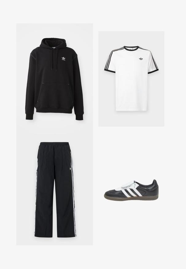 Čierna bavlnená mikina s kengurou vreckom, bielym logom Adidas, ribovanými manžetami a lemom, s kapucňou na šnúrku a prešívanými detailmi.; Biela bavlnená tričko s čiernym žebrovaným výstrihom a rukávmi, s tromi čiernymi pruhmi na každom pleci a malým logom na hrudi.; Čierne široké nohavice s bielymi pruhmi na bokoch, elastickým pásom, prednými záhybmi a logom Adidas na pravej stehne.; adidas Originals SAMBA LT - Tenisky - core black footwear white gum