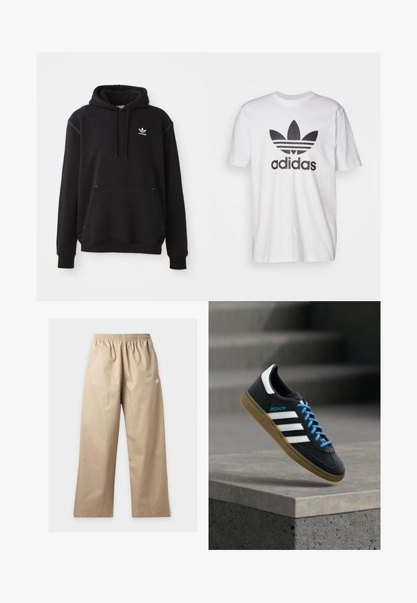Čierna bavlnená mikina s kengurou vreckom, bielym logom Adidas, ribovanými manžetami a lemom, s kapucňou na šnúrku a prešívanými detailmi.; Biely bavlnený tričko s čiernym logom Adidas so vzorom trojlístka a tromi pruhmi. Krátke rukávy, okrúhly výstrih a voľný strih.; Béžové nohavice širokých nohavíc s elastickým pásom a malým bielym logom Adidas na hornej ľavej stehne, zobrazené na jednofarebnom pozadí.; Čierna teniska Adidas s bielymi pruhmi, modrými šnúrkami a gumovou podrážkou, ktorá sa vznáša nad sivým betónovým schodom v mäkkom svetle.
