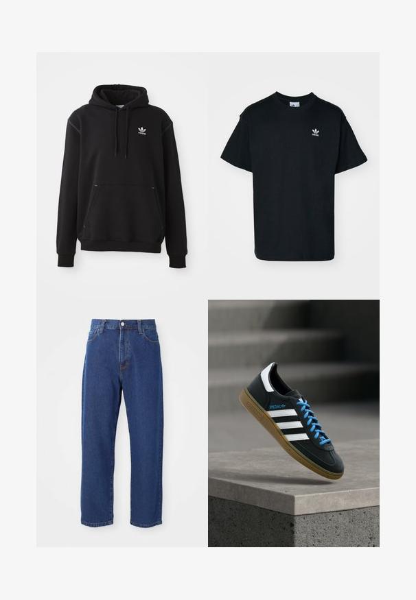 Sudadera de algodón negra con bolsillo tipo canguro, logo de Adidas en blanco, puños y dobladillo acanalados, con capucha ajustable y detalles cosidos.; Camiseta de algodón negra con cuello redondo y mangas cortas, que presenta un pequeño logo blanco de Adidas en la zona izquierda del pecho.; Vaqueros de tiro alto de algodón, con una silueta de pierna recta, costuras visibles y un cierre de botón en la parte delantera.; Zapatilla negra Adidas con franjas blancas, cordones azules y suela de goma flotando sobre un escalón de hormigón gris con luz suave.