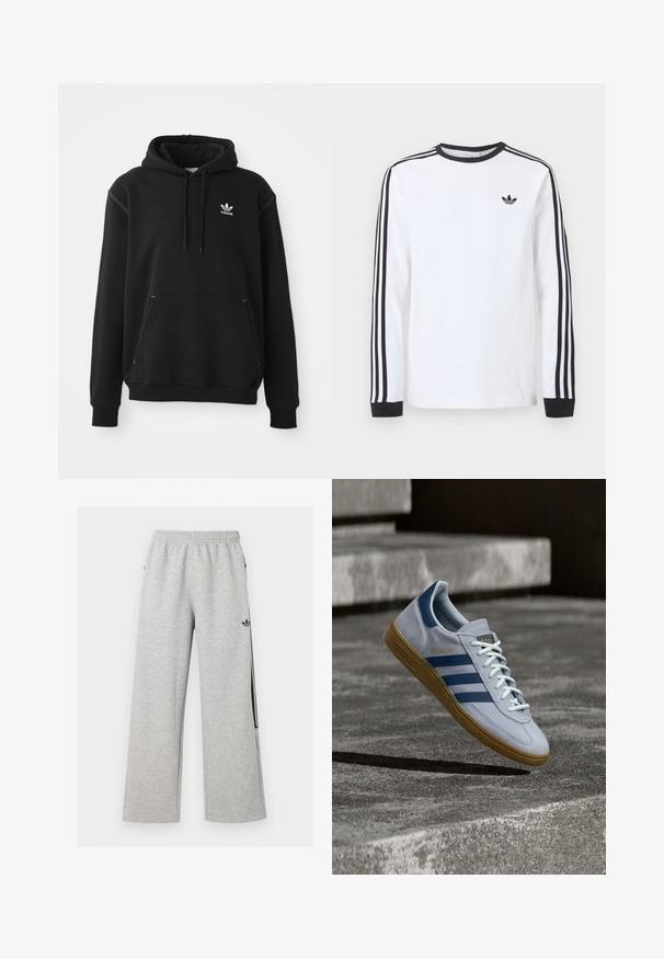 Sort bomuldshoodie med kängurulomme, hvid Adidas-logo, ribbede ærmer og kant, med snøre i hætten og syede detaljer.; Hvid langærmet Adidas-trøje med sort rund hals, sorte manchetter, tre sorte striber ned langs ærmerne og sort trekløverlogo på brystet.; Lysegrå vidtløftede joggingbukser med elastisk talje og sort Adidas trefoil-logo på højre lår.; Lyseblå Adidas Spezial sneakers med marineblå striber og gummisål, vist i luften over betontrapper i et neutralt udendørsmiljø.