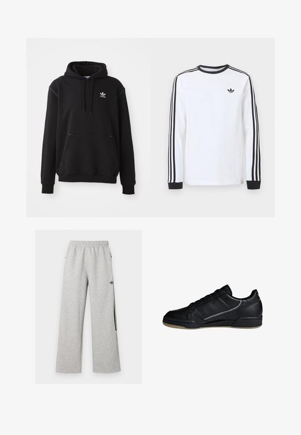 Sort bomuldshoodie med kängurulomme, hvid Adidas-logo, ribbede ærmer og kant, med snøre i hætten og syede detaljer.; Hvid langærmet Adidas-trøje med sort rund hals, sorte manchetter, tre sorte striber ned langs ærmerne og sort trekløverlogo på brystet.; Lysegrå vidtløftede joggingbukser med elastisk talje og sort Adidas trefoil-logo på højre lår.; adidas Originals CONTINENTAL 80 SHOES - Sneakers - black