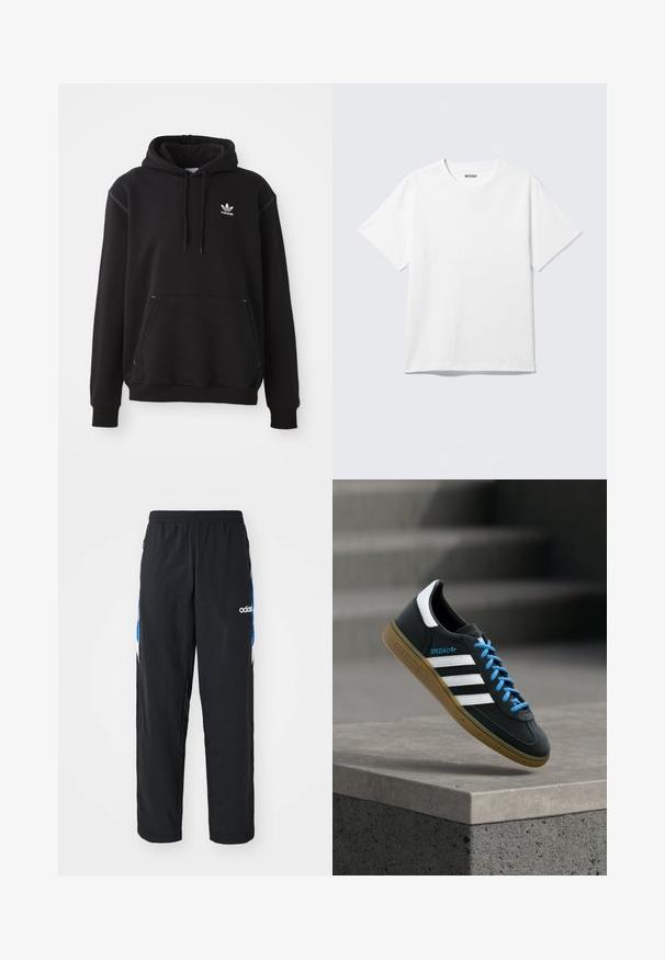 Sort bomuldshoodie med kängurulomme, hvid Adidas-logo, ribbede ærmer og kant, med snøre i hætten og syede detaljer.; Hvid kortærmet crewneck T-shirt lagt fladt ud, ensfarvet design, med "WEEKDAY" mærkat inde i kraven på en lys baggrund.; Sorte træningsbukser med elastisk talje, prydet med blå og hvide grafiske detaljer på siderne og et broderet logo.; Sort Adidas sneaker med hvide striber, blå snørebånd og gummisål, der svæver over gråt betontrin i blødt lys.