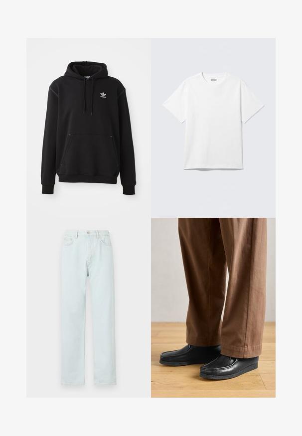 Sort bomuldshoodie med kängurulomme, hvid Adidas-logo, ribbede ærmer og kant, med snøre i hætten og syede detaljer.; Hvid kortærmet crewneck T-shirt lagt fladt ud, ensfarvet design, med "WEEKDAY" mærkat inde i kraven på en lys baggrund.; Lyseblå lige bukser lavet af denim, med knaplukning, diskret slid, og fem-lomme design.; Sorte lædersko med mokkasin-design og syningdetaljer, parret med brune bukser, på et trægulv.