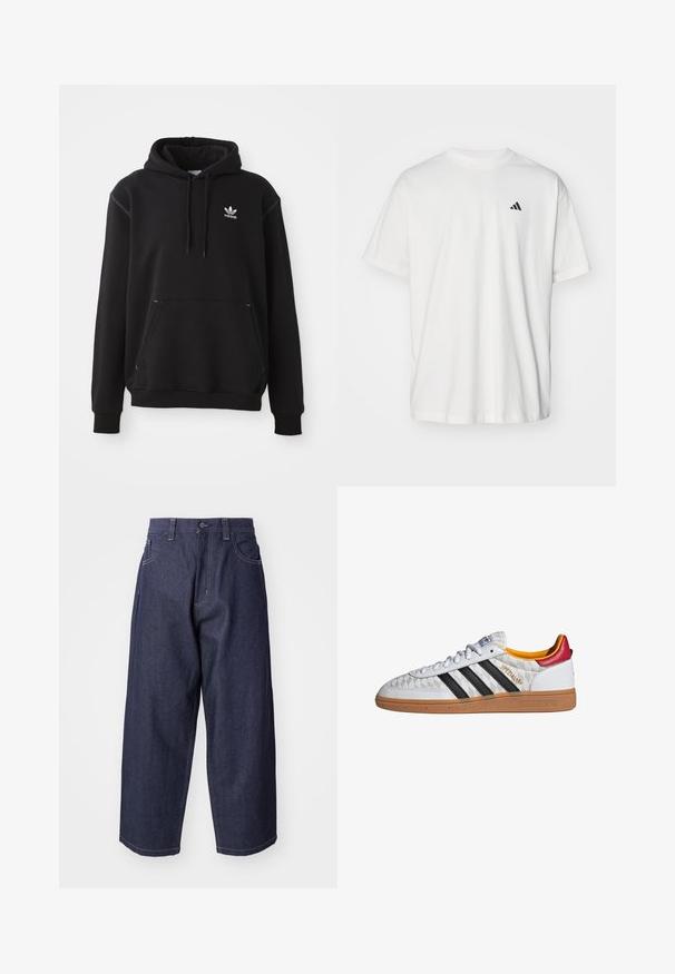 Sort bomuldshoodie med kängurulomme, hvid Adidas-logo, ribbede ærmer og kant, med snøre i hætten og syede detaljer.; Hvid bomulds t-shirt med korte ærmer, rund hals og et lille sort Adidas-logo på venstre bryst. Blød tekstur, afslappet pasform.; Mørkeblå denim jeans med en løs, bred ben-design. Funktioner inkluderer en knaplukning, frontlommer og synlige stikninger.; Hvid Adidas Spezial sneaker med sorte striber, gummisål, quiltet mønster, rød hælflap og gul inderfor, set fra siden.