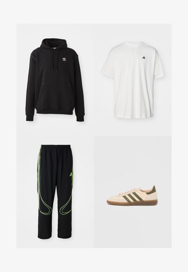 Čierna bavlnená mikina s kengurou vreckom, bielym logom Adidas, ribovanými manžetami a lemom, s kapucňou na šnúrku a prešívanými detailmi.; Biela bavlnená tričko s krátkymi rukávmi, klasickým výstrihom a malým čiernym logom Adidas na ľavej hrudi. Mäkká textúra, voľný strih.; Čierne atletické nohavice Adidas s neonovo zelenými zakrivenými líniami a tromi pruhmi po stranách, elastickým pásom a logom Adidas na prednom stehne.; Nízky béžový tenisky Adidas Spezial so zelenými pruhmi, gumovou podrážkou a nápisom „SPEZIAL“ na boku, zobrazené z vonkajšej strany.