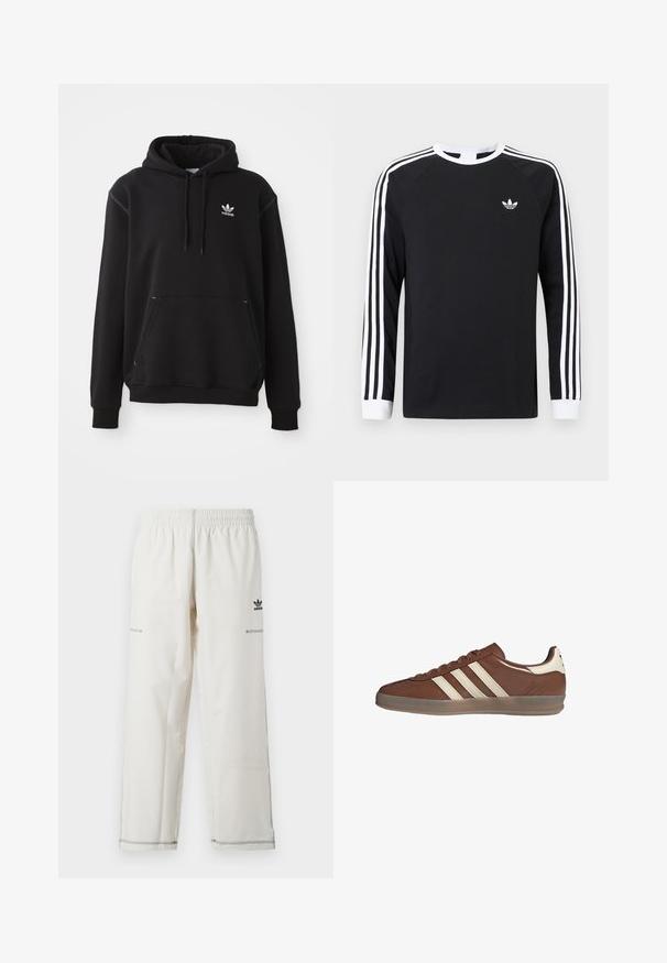 Sudadera de algodón negra con bolsillo tipo canguro, logo de Adidas en blanco, puños y dobladillo acanalados, con capucha ajustable y detalles cosidos.; Camiseta negra de manga larga con diseño de tres franjas blancas en las mangas. Presenta un cuello redondo y un pequeño logo blanco en el pecho.; Pantalones deportivos blancos con cintura elástica, bolsillos laterales y logo de adidas en negro con detalles de costuras. Tejido liso y ligero.; Zapatilla de piel marrón baja con rayas blancas y lengüeta en el talón, suela translúcida y cierre de cordones sobre un fondo blanco.