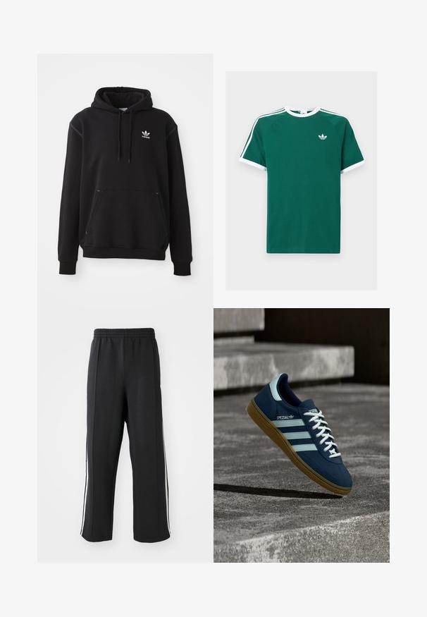 Čierna bavlnená mikina s kengurou vreckom, bielym logom Adidas, ribovanými manžetami a lemom, s kapucňou na šnúrku a prešívanými detailmi.; Zelené bavlnené tričko s bielymi akcentmi, s krátkymi rukávmi, okrúhlym výstrihom a troma bielymi pruhmi na každom pleci. Malé logo na hrudi.; Čierne teplákové nohavice s elastickým pásom, s bielymi bočnými pruhmi a voľným strihom. Vyrobené z mäkkej, elastickej tkaniny.; Modré tenisky Adidas Spezial s bielymi pruhmi a šnúrkami, gumovou podrážkou, plávajúce nad drsným betónovým povrchom a schodmi v pozadí.