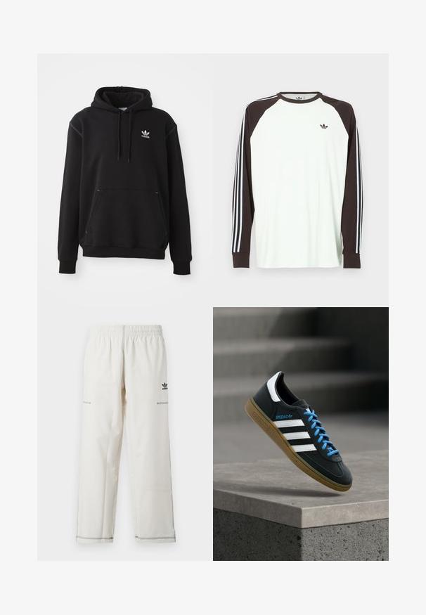 Sort bomuldshoodie med kängurulomme, hvid Adidas-logo, ribbede ærmer og kant, med snøre i hætten og syede detaljer.; Hvid langærmet skjorte med brune raglanærmer. Har blå og hvide stribede detaljer på ærmerne og et lille logo på brystet.; Hvide atletikbukser med elastisk taljebånd, sidelommer og sort adidas-logo samt syninger som detaljer. Glat, letvægtsstof.; Sort Adidas sneaker med hvide striber, blå snørebånd og gummisål, der svæver over gråt betontrin i blødt lys.