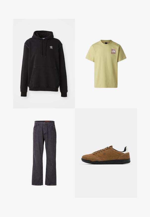 Sort bomuldshoodie med kängurulomme, hvid Adidas-logo, ribbede ærmer og kant, med snøre i hætten og syede detaljer.; Lys gul t-shirt lavet af bomuld med et firkantet grafisk tryk med bølgede linjer og et bjergdesign i nuancer af lilla.; Mørkegrå denim jeans med en afslappet pasform, der har fem lommer, knaplukning og bæltestropper. Stoffet har en subtil tekstur.; Brune ruskind sneakers med sort gummisål, snørebånd foran og hvide detaljer på hælen. Glat tekstur med syede detaljer.