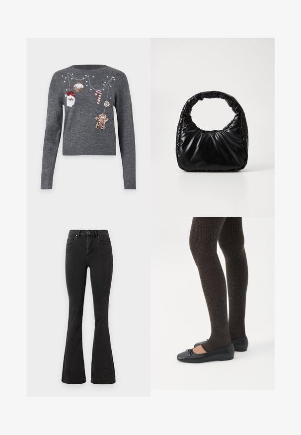 JDY JDYTWINKLE XMAS O NECK PULLOVER - Pullover - medium grey melange; Jean flare taille haute noir avec fermeture à boutons et zip devant, poches avant et arrière, et ourlets droits surpiqués.; Jambes portant des leggings côtelés foncés associés à des ballerines noires avec de petits détails en nœud sur fond blanc.; Sac à main noir rembourré avec une poignée arrondie, présentant une surface lisse et brillante ainsi qu'une texture douce et matelassée. Pas de quincaillerie ou d'accents visibles.