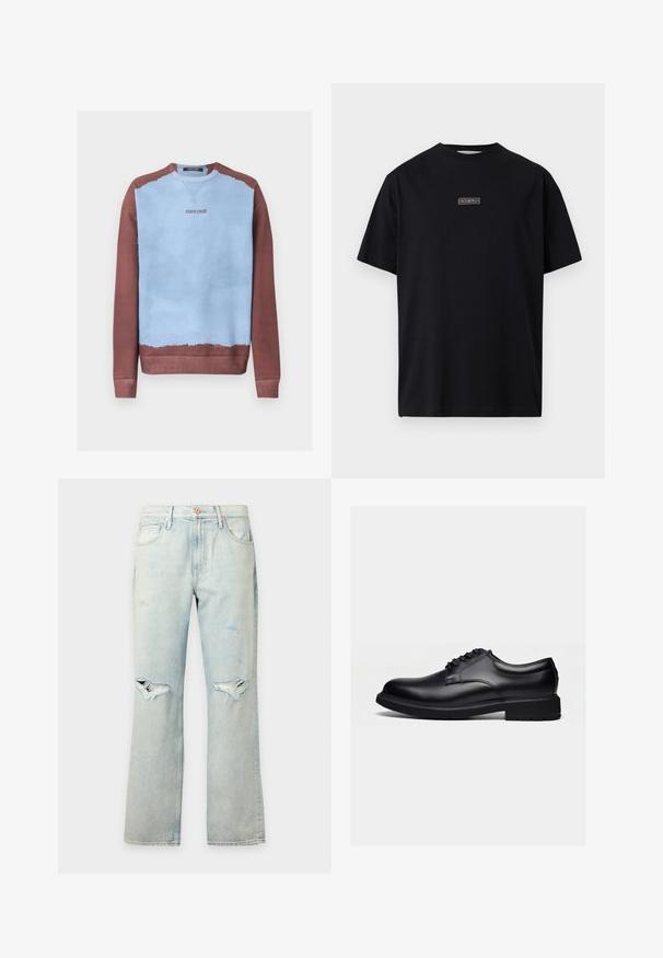 Sweatshirt à col ras du cou avec centre bleu clair et manches, col et ourlet marron, avec le logo "roberto cavalli" sur la poitrine.; T-shirt noir à manches courtes avec col rond, portant un petit logo blanc "ICEBERG" centré sur la poitrine.; Jean en denim bleu clair avec des jambes droites et des détails déchirés aux deux genoux, doté de cinq poches et d'une fermeture par bouton.; Chaussure habillée en cuir noir poli avec lacets et semelle épaisse en caoutchouc, vue de profil sur un fond clair uni.