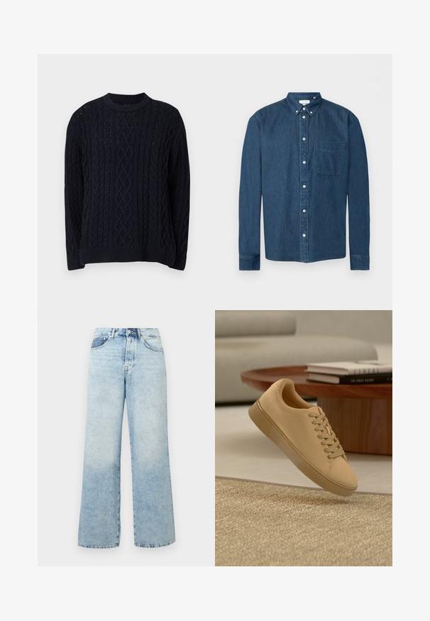 Pull en maille torsadée bleu marine avec des manches longues et un col rond côtelé, ainsi que des ourlets et des poignets côtelés, affichant des motifs en tricot détaillés.; Chemise en denim bleu foncé boutonnée, manches longues, une poche avant à gauche et un col boutonné, présentée sur fond blanc.; Jean en denim bleu clair taille haute avec une fermeture à bouton et fermeture éclair, poches avant et coupe large.; Baskets beiges à lacets flottant au-dessus d'un tapis texturé avec une table basse en bois et des livres empilés en arrière-plan flou.