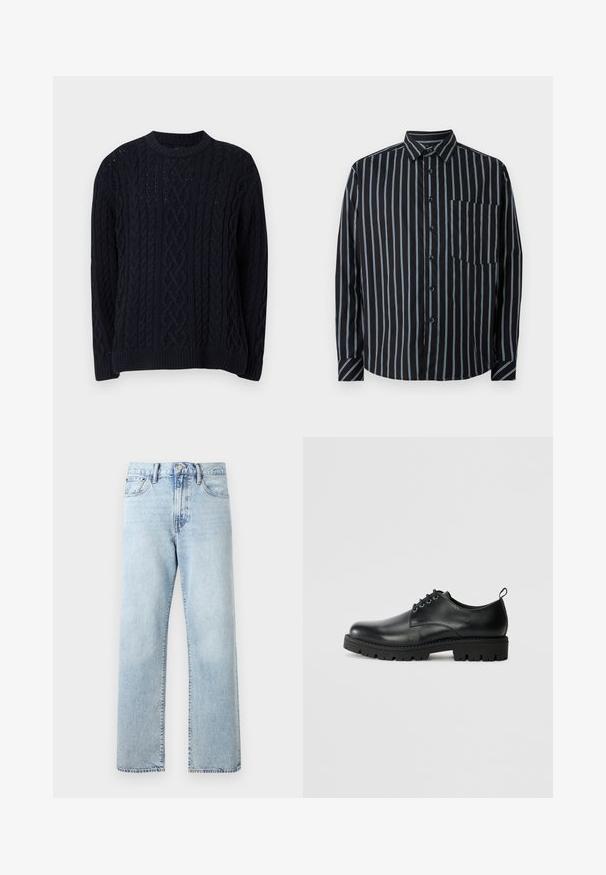 Pull en maille torsadée bleu marine avec des manches longues et un col rond côtelé, ainsi que des ourlets et des poignets côtelés, affichant des motifs en tricot détaillés.; Chemise noire à boutons avec des rayures verticales bleues, manches longues, col et poche poitrine. Tissu lisse, coupe décontractée, boutons standard.; Jean en denim bleu clair taille haute à jambes droites avec poches avant, fermeture par boutons et passants de ceinture sur fond uni.; Chaussure en cuir noir à bout arrondi, présentant un design à lacets, une semelle en caoutchouc noire robuste et un petit onglet de talon à l'arrière.