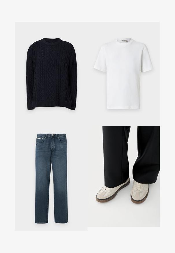 Pull en maille torsadée bleu marine avec des manches longues et un col rond côtelé, ainsi que des ourlets et des poignets côtelés, affichant des motifs en tricot détaillés.; T-shirt blanc à manches courtes en maille gaufrée avec col rond, petite étiquette de marque à l'intérieur du col, présenté sur un fond uni.; Jean en denim bleu foncé avec une coupe droite, cinq poches, passants de ceinture et fermeture à glissière. Texture lisse avec des détails de décoloration subtils.; Pieds portant des baskets beige avec des semelles marron et un pantalon noir à jambes larges sur fond blanc.