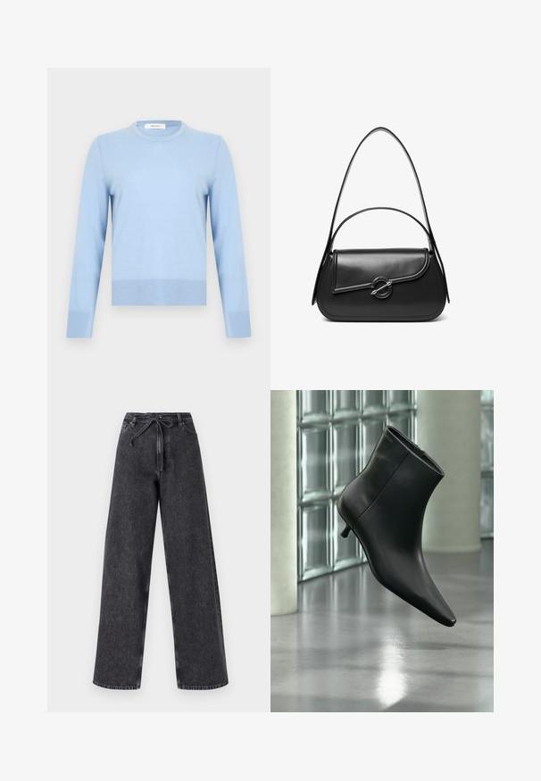Pull à manches longues bleu clair avec col rond, poignets et bas côtelés, présenté sur un fond blanc uni.; Jean en denim noir taille haute et jambes larges avec une fermeture à cordon. Présente une texture délavée et des détails de couture subtils.; Bottine en cuir noir à bout pointu et petit talon kitten, présentée en angle devant un sol poli et un mur en blocs de verre.; Sac à bandoulière en cuir noir avec un rabat incurvé fermé par un fermoir métallique rond et une sangle fine et ajustable.