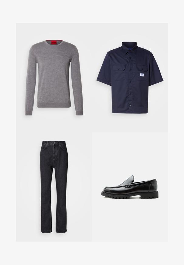 HUGO SAN CEDRIC - Pullover - medium grey; Chemise à manches courtes en tissu durable, couleur bleu marine foncé, dotée de deux poches avant, fermeture à boutons et d'un petit patch de marque sur le côté gauche.; Jean en denim noir taille haute avec fermeture à bouton et à glissière, poches avant et arrière, et coupe droite.; Mocassin en cuir noir avec semelle en caoutchouc épaisse, dessus cousu et nom de marque embossé sur le talon, présenté de profil sur fond blanc.