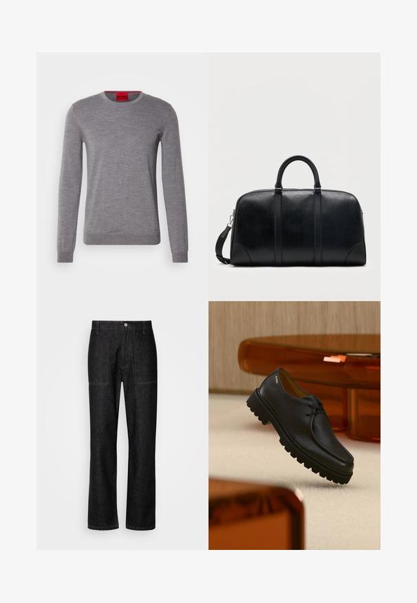 HUGO SAN CEDRIC - Neule - medium grey; Mustat farkut suoran lahkeen mallilla, näkyvällä ompeleella ja edessä napituksella. Mukana on kaksi sivutaskua ja kaksi takataskua.; Musta, kuvioidusta nahasta valmistettu nauhallinen kenkä, jossa on paksu, uritettu pohja ja "HUGO"-brändäys lähellä kantapäätä, esitetty beigen maton ja meripihkan sävyisen huonekalun edessä.; Musta nahkainen duffel-laukku, jossa on kaksinkertaiset yläkahvat, irrotettava olkahihna ja pieni "Hugo"-logo lähellä ylävetoketjua.