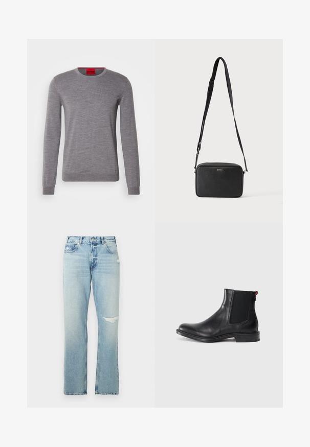 HUGO SAN CEDRIC - Striktrøje - medium grey; Lys blå denim jeans med lige ben design, prydet med let slid og høj talje. Inkluderer fem lommer og metalhardware.; Sort læder Chelsea-støvle med elastiske sidepaneler, afrundet tå og lav, stablet hæl. Har en rød løftestrop og subtil branding på siden.; Sort rektangulær crossbody taske med justerbar rem og BOSS-logo foran, sat mod en ensfarvet lys baggrund.