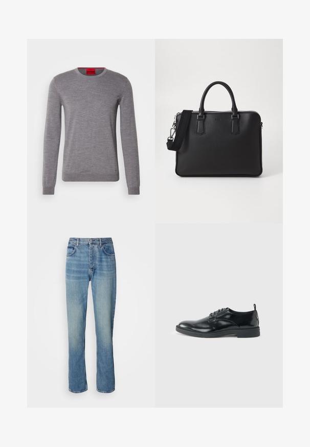 HUGO SAN CEDRIC - Pullover - medium grey; Jean en denim droit bleu clair avec taille haute, fermeture par bouton et zip à l'avant, et design à cinq poches.; Chaussure habillée en cuir noir brillant avec un petit talon, fermeture à lacets et bout rond, vue de côté sur un fond uni et clair.; Sac en cuir noir avec surface texturée, deux poignées et une bandoulière amovible. Il présente des fermetures éclair en argent et des éléments de design minimalistes.