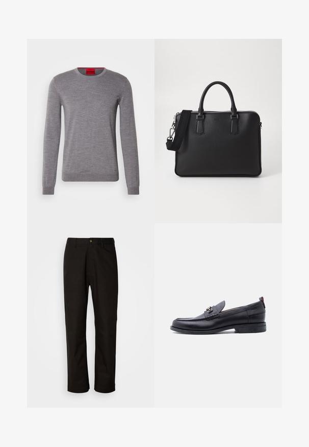 HUGO SAN CEDRIC - Pullover - medium grey; Pantalon en coton noir avec une coupe droite, des passants de ceinture, une fermeture éclair à l'avant et un seul bouton. Texture lisse sans motifs visibles.; Mocassin en cuir noir avec empeigne texturée grise, détail boucle en métal argenté, petit talon et languette à l'arrière.; Sac en cuir noir avec surface texturée, deux poignées et une bandoulière amovible. Il présente des fermetures éclair en argent et des éléments de design minimalistes.