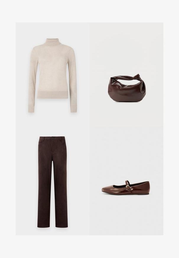 Pull à col roulé beige en tissu tricoté doux. Il possède des manches longues ainsi que des poignets et un ourlet côtelés pour un ajustement confortable. Un incontournable de la garde-robe.; Pantalons en suède marron foncé à jambes droites avec fermeture à bouton et zip à l'avant, passants de ceinture et poches latérales.; Ballerine en cuir verni marron avec un bout carré et une lanière ornée d'une petite boucle dorée. Texture lisse, talon bas et design minimaliste.; Sac bandoulière en cuir marron foncé avec une forme souple et décontractée et une anse nouée torsadée sur un fond blanc uni.