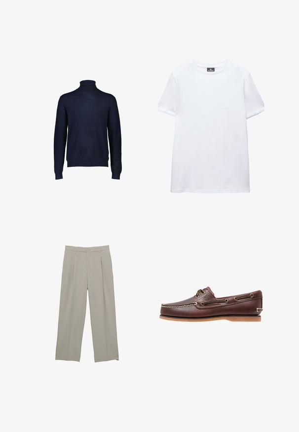 Mørkeblå turtleneck sweater lavet af et blødt strikstof. Har lange ærmer samt en ribbet krave og kant. Ingen mønstre eller accenter synlige.; Simpel hvid t-shirt med korte ærmer og rund halsudskæring med en sort Pull&Bear mærkat indeni kraven, vist på en hvid baggrund.; Lysegrå bredbenede bukser med en glat tekstur, der har forseglede folder foran, knaplukning og sidelommer.; Brun læder bådsko med hvide sømme, snøre detaljer og lysbrun gummisål, vist fra siden på hvid baggrund.