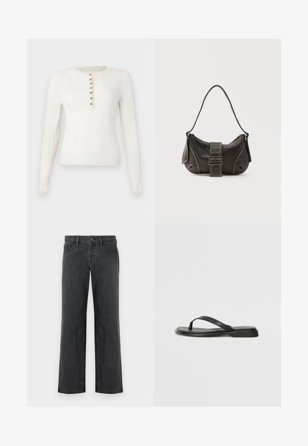 Pull créme à manches longues avec texture côtelée, doté d'un col rond et de sept boutons décoratifs sur le devant.; Jeans gris foncé à jambes larges en denim, avec une ceinture standard, cinq poches et une fermeture à bouton. Texture lisse et coutures uniformes.; Tongs noires en cuir lisse, avec un design de sangle fine et une semelle plate à profil minimal. Aucun motif ou accent notables.; Sac à épaule en cuir noir avec une sangle à boucle, des bords arrondis et des coutures blanches contrastées sur un fond uni.