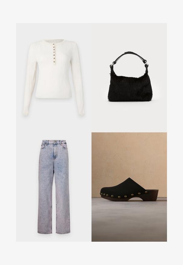 Langærmet cremefarvet sweater med ribbet tekstur, der har en rund hals og syv dekorative knapper foran.; Lyseblå denimbukser med en afslappet, lige skæring, der har høj talje, fem-lomme design og bronze knapdetaljer.; Sort trætræsko med messingnitter langs sålkanten, svævende over beige tæppe i et rum med neutrale farvetoner.; Sort faux fur håndtaske med en blød tekstur, rund form og en robust skulderrem i sort læder. Synlige sølvhardware-detaljer.