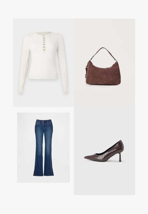 Langærmet cremefarvet sweater med ribbet tekstur, der har en rund hals og syv dekorative knapper foran.; Blå denimjeans med vidde ved benene, høj talje, fem lommer og kontrastsyning. Har knap- og lynlåslukning samt en struktureret finish.; Brune kunstlæder stiletter med spidse tæer og krokodilletekstur, der har en slank, vinklet hæl og en glat inderside.; Brun skuldertaske i ruskind med én hank og lynlåslukning, vist mod en ensartet lys baggrund.