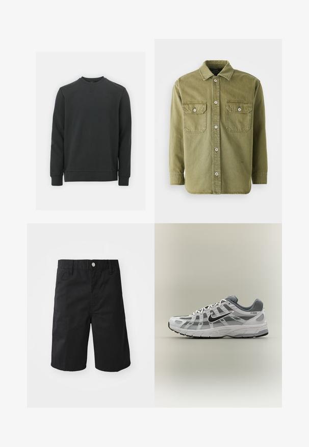 Zwarte sweatshirt gemaakt van een katoenmix, met een ronde hals, lange mouwen en een subtiel logo op de borst. Soepele textuur.; Olijfgroene button-up shirt van zachte stof, met twee borstzakken met kleppen, zichtbare knopen en een kraag.; Zwarte katoenen shorts met een rechte snit, riemlussen, een metalen knoopsluiting en zonder zichtbare patronen of accenten.; Wit-grijze Nike P-6000 sneaker met zwarte swoosh, mesh panelen en gestructureerde zool, zijaanzicht op een neutrale achtergrond.