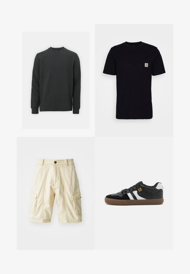 Sort sweatshirt lavet af en blanding af bomuldsstoffer, har rund halsudskæring, lange ærmer og et subtilt logo på brystet. Glat tekstur.; Sort bomulds T-shirt med korte ærmer, rund hals og en brystlomme, der har et lille, kvadratisk logo-patch. Enkel, ensfarvet design.; Knælang cargo shorts i lysebeige stof med knaplukning, to store sidelommer og synlige stiksyninger.; Sorte og hvide sneakers med overdel i ruskind og læder, der har hvide striber, sorte snørebånd og en brun gummisål. Guld logo detaljer.
