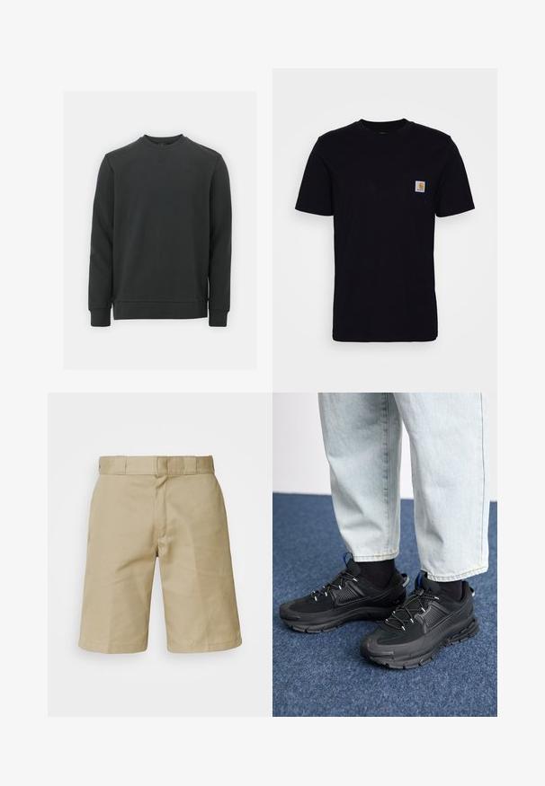 Sort sweatshirt lavet af en blanding af bomuldsstoffer, har rund halsudskæring, lange ærmer og et subtilt logo på brystet. Glat tekstur.; Sort bomulds T-shirt med korte ærmer, rund hals og en brystlomme, der har et lille, kvadratisk logo-patch. Enkel, ensfarvet design.; Khaki shorts med flad frontdesign, syet talje med bæltesløjfer og to sidelommer. Fremstillet af letvægtsstof.; Sorte træningssko med tekstureret stof og gummisåler, udstyret med elastiske snørebånd og en blå detalje på hælen. Bæres med lyse denimbukser.