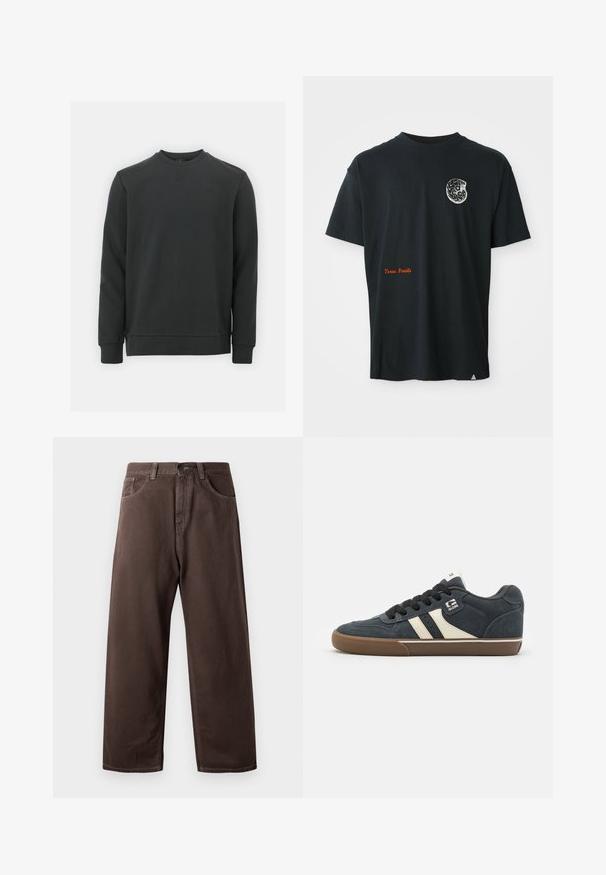 Zwarte sweatshirt gemaakt van een katoenmix, met een ronde hals, lange mouwen en een subtiel logo op de borst. Soepele textuur.; Zwarte T-shirt met korte mouwen en kleine witte fossielenafbeelding op de borst en oranje "Texas Fossils" tekst nabij de onderkant links.; Bruine wijde broek van katoen, met een klassiek vijf-pocketdesign, een ritsgulp en zichtbare stikseldetails.; Donkerblauwe suède sneaker met crèmekleurige stripes, zwarte veters en een bruine rubberen zool. Heeft een gevoerde kraag en een logo op de zijkant.