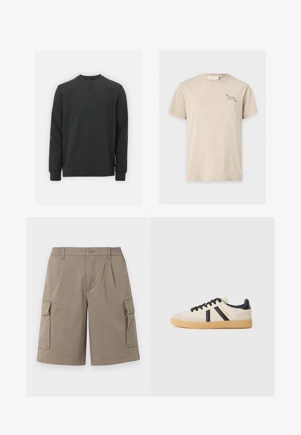 Sort sweatshirt lavet af en blanding af bomuldsstoffer, har rund halsudskæring, lange ærmer og et subtilt logo på brystet. Glat tekstur.; Beige t-shirt med korte ærmer med lille sort tekst "Natural Culture" og insektgrafik på øverste venstre bryst, label "Pier One" inde i kraven.; Khaki cargoshorts med elastiske sidepaneler i taljen, knap- og lynlås-lukning samt klaplommer på hvert lår.; Casual sneakers i creme med sorte striber, med en tekstureret overdel og sål i gummigummi. Snørebåndene er sorte. Diskret logo på siden.