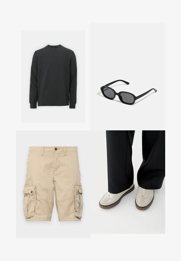 Zwarte sweatshirt gemaakt van een katoenmix, met een ronde hals, lange mouwen en een subtiel logo op de borst. Soepele textuur.; American Eagle LIVED IN - Cargobroek - khaki; Voeten met beige sneakers met bruine zolen en zwarte wijde broekspijpen op een witte achtergrond.; Zign Zonnebril - black