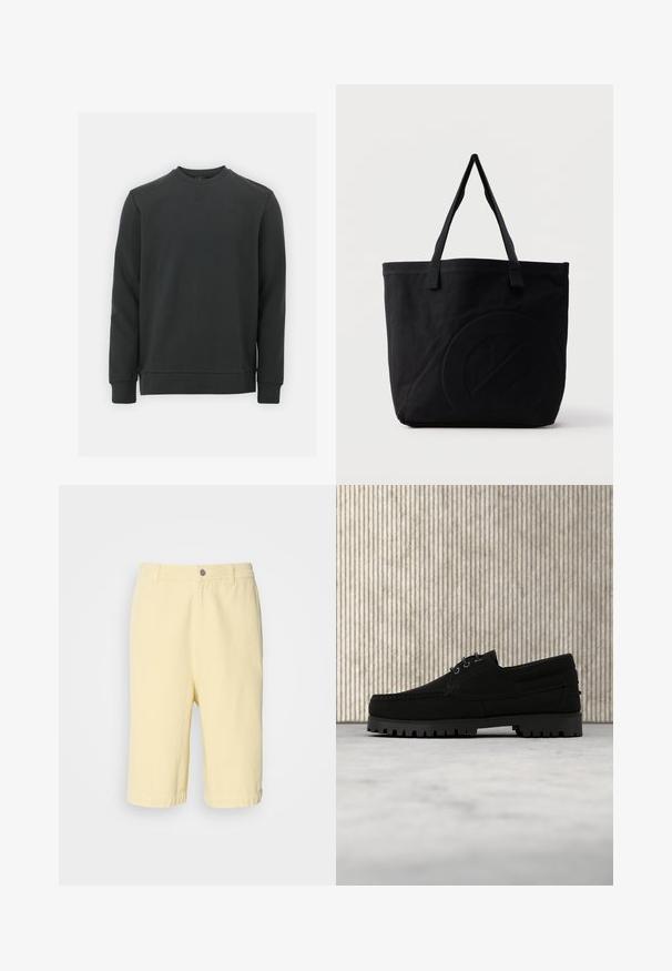 Sort sweatshirt lavet af en blanding af bomuldsstoffer, har rund halsudskæring, lange ærmer og et subtilt logo på brystet. Glat tekstur.; Gule bomulds-shorts med lige snit, der har en frontlukning med knap og opsmøg. Glat tekstur, afslappet design.; Sort snørestøvle med tyk rilled sål, der svæver over beige tæppe, brun moderne rundt bord i blødt oplyst rum i baggrunden.; Sort canvas-tote-taske med to skulderstropper og et diskret præget cirkeldesign på fronten.
