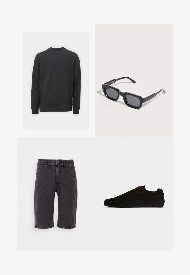 Schwarzer Sweatshirt aus Baumwollmischung, mit Rundhalsausschnitt, langen Ärmeln und einem dezenten Logo auf der Brust. Glatte Textur.; Schwarze Denim-Shorts mit geradem Schnitt, ausgestattet mit einem Knopf- und Reißverschluss, fünf Taschen und dezenten Nähdetails.; Einzelner schwarzer Freizeitschuh mit dicker strukturierter Sohle, Schnürung vorne und dezenten seitlichen Nähten, im Profil vor schlichtem Hintergrund dargestellt.; Schwarze rechteckige Sonnenbrille mit dicken Rahmen und dunkel getönten Gläsern, schräg auf weißem Hintergrund.