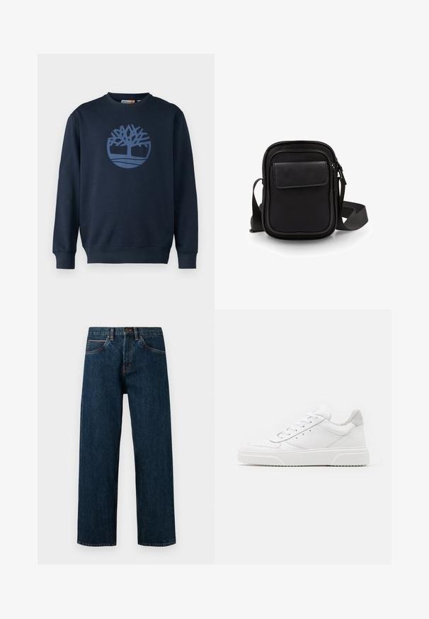 Timberland TREE LOGO CREW NECK - Sweater - dark sapphire; Donkerblauwe spijkerbroeken met een rechte snit, met vijf zakken en contrasterende oranje stiksels langs de naden.; Witte leren sneakers met een gladde afwerking, ronde neus, platte veters en een gestructureerde zool. Grijze suède accent bij de hiel.; Zwarte schoudertas met een flap van getextureerd leer, rechthoekige vorm, verstelbare band, ritssluiting en een gladde stoffen afwerking.