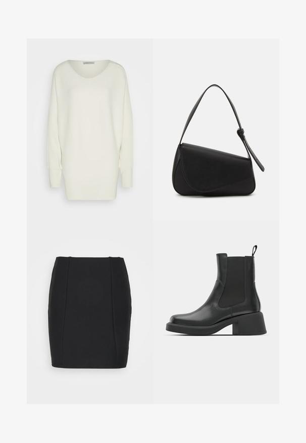 Prešívaný biely sveter s oversize strihom, má široký výstrih, spustené ramenné švy a dlhé rukávy so upevnenými manžetami.; Noisy May NMKARLIE A-SHAPE TWILL - Minisukňa - black; Čierne kožené členkové topánky s elastickými bočnými panelmi, zaoblenou špičkou a robustným blokovým opätkom. Hladká textura s minimalistickým dizajnom.; Čierna kožená kabelka s trojuholníkovým tvarom, šikmým klopou a zaoblenou rukoväťou. Má hladkú textúru a minimalistické dizajnové detaily.