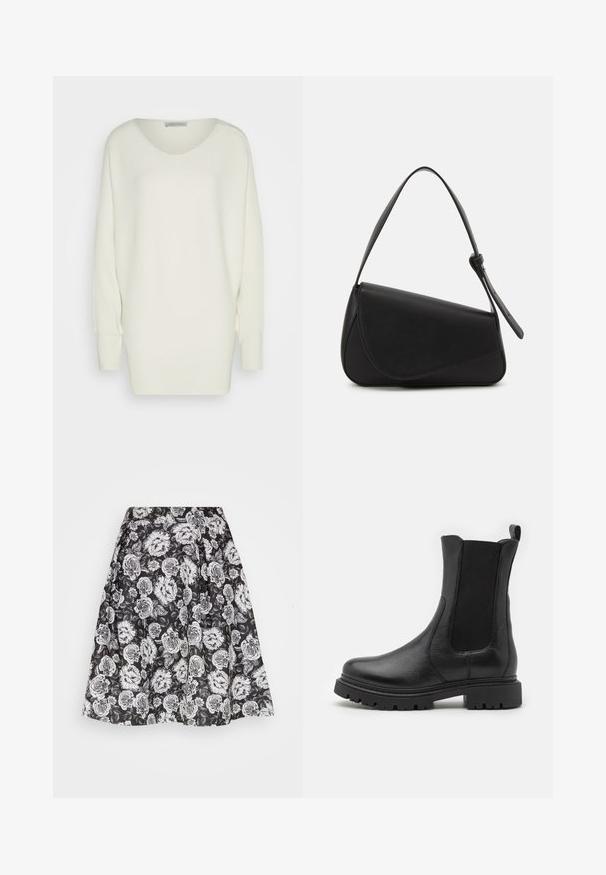 Overdimensioneret hvid sweater i ribbet strikstof, med en bred halsudskæring, sænkede skuldre og lange ærmer med tætsiddende manchetter.; Anna Field by Zalando Pliceret nederdel /Nederdele med folder - black/white; Svarte læder ankelstøvler med elastiske sidepaneler, en rund tå og en robust sål med udtalte skridsikre riller.; Sort læderhåndtaske med en triangular form, skrå klap og et rundt håndtag. Har en glat overflade og minimalistiske design detaljer.