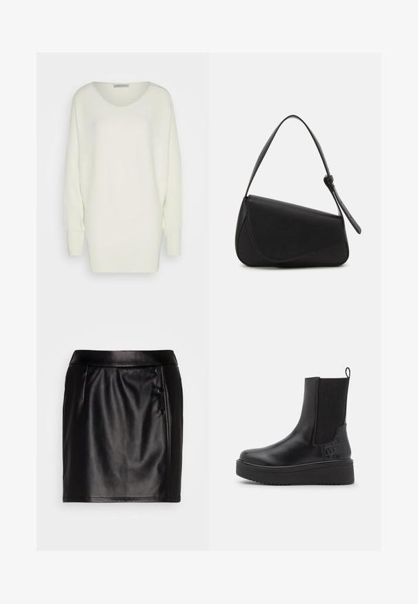 Prešívaný biely sveter s oversize strihom, má široký výstrih, spustené ramenné švy a dlhé rukávy so upevnenými manžetami.; VILA VITALLA BUTTON SKIRT - Minisukňa - black/silver; Čierne kožené členkové boots s elastickými bočnými panelmi, textúrovanými akcentmi v krokodílej vzore, robustnou platformou a s ušným pútkom.; Čierna kožená kabelka s trojuholníkovým tvarom, šikmým klopou a zaoblenou rukoväťou. Má hladkú textúru a minimalistické dizajnové detaily.