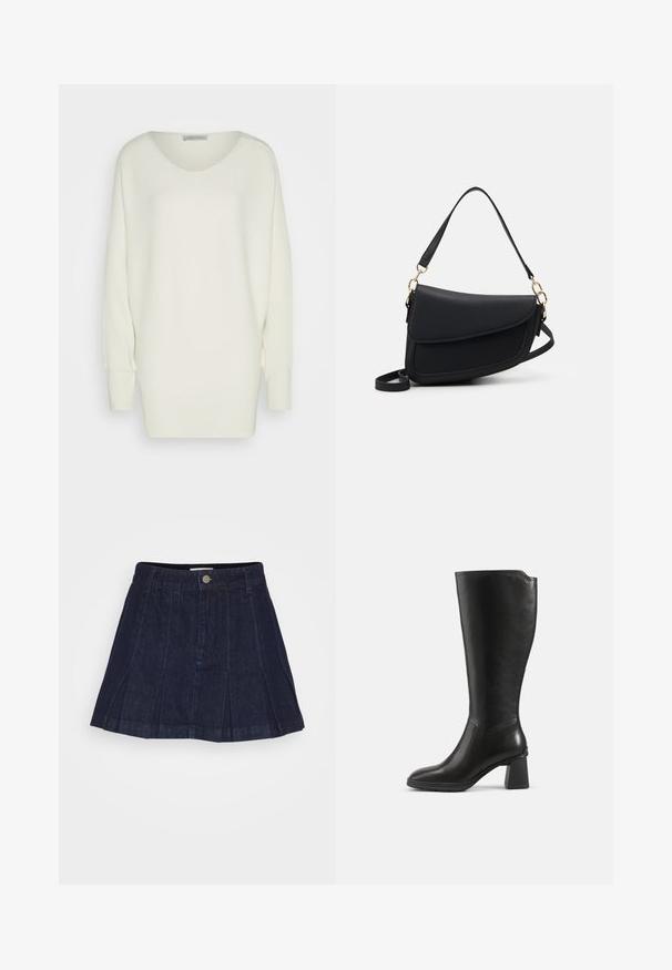 Overdimensioneret hvid sweater i ribbet strikstof, med en bred halsudskæring, sænkede skuldre og lange ærmer med tætsiddende manchetter.; Guess Originals TENNIS SKIRT - Pliceret nederdel /Nederdele med folder - dark wash; Sort knæhøj læderstøvle med blokhæl og rundet tå, vist fra siden på en ensfarvet baggrund.; Sort læderhåndtaske med en struktureret overflade, der har en enkelt skulderrem og guld hardware-detaljer. Designet er slankt og minimalistisk.