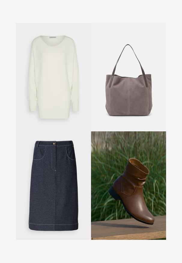 Overdimensioneret hvid sweater i ribbet strikstof, med en bred halsudskæring, sænkede skuldre og lange ærmer med tætsiddende manchetter.; Mørk denimnederdel med et subtilt hvidt prikmønster, forlommer, lukning med guldknap og hvid syning langs nederkanten.; Brun læderankelstøvle med foldet manchet, rundet tå og lav sort hæl, vist mod en sløret grøn baggrund.; Grå ruskind tote taske med to mørke læderhåndtag. Har stikninger på siderne, blød tekstur og en rummelig åbning.