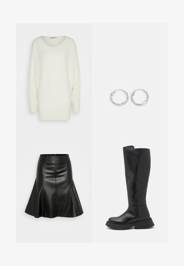 Overdimensioneret hvid sweater i ribbet strikstof, med en bred halsudskæring, sænkede skuldre og lange ærmer med tætsiddende manchetter.; ONLY ONLELLINOR SKIRT - Pliceret nederdel /Nederdele med folder - black; Bianco BIAHAILEY KNEE HIGH BOOT - Høje støvler/ Støvler - black; Sølv hoops med en bølget, uregelmæssig tekstur. Har en tynd, cirkulær form og en reflekterende finish.