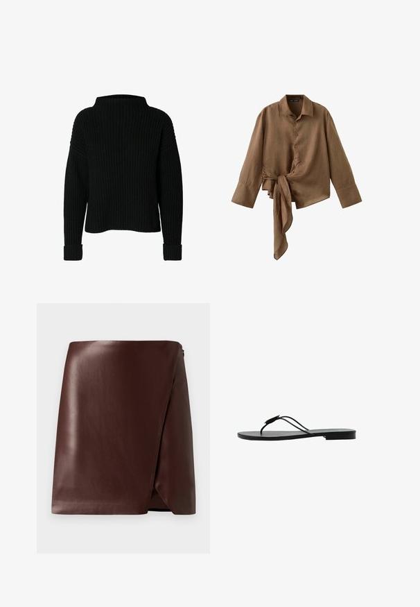Sort strikket sweater med høj hals, ribbet tekstur og lange ærmer. Har brede manchetter ved håndleddene og en afslappet pasform.; Brun langærmet skjorte med knapper, brede manchetter og asymmetrisk bindedetalje ved taljen.; Brun læder indpakningsskirt med en glat tekstur, asymmetrisk kant og lynlås i siden. Minimalistisk design uden mønstre eller accenter.; Sort minimalistisk flad sandal med tynd tårem og lille spænde, sidevisning på hvid baggrund.