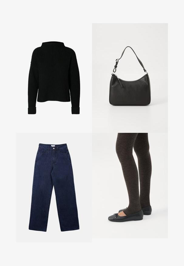 Sort strikket sweater med høj hals, ribbet tekstur og lange ærmer. Har brede manchetter ved håndleddene og en afslappet pasform.; Mørkeblå denimbukser med lige ben, der har en frontknaplukning, bæltestropper og to forlommer.; Ben iført mørke ribbede leggings kombineret med sorte balletsko med små sløjfedetaljer på hvid baggrund.; Sort læderhåndtaske med en buet form, en enkelt rem, lynlås lukning og diskret branding på forsiden. Glat tekstur, minimalistisk design.