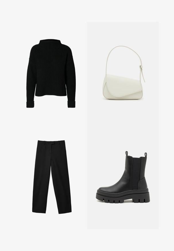 Sort strikket sweater med høj hals, ribbet tekstur og lange ærmer. Har brede manchetter ved håndleddene og en afslappet pasform.; Sorte bukser med lige ben, lavet af et glat materiale, med en talje med bæltesløjfer og en frontlynlås.; Sorte læder ankelstøvler med elastiske sidepaneler, trækflapper og en tyk, robust gummisål med udskårne detaljer.; Hvid taske i faux læder med en struktureret trekantet form, enkelt justerbart skulderstrop og en flaplås med kurver.